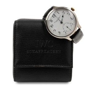 I.W.C. (INTERNATIONAL WATCH COMPANY) SCHAFFHAUSEN steel cased wristwatch with Arabic numerals and subsidiary seconds dial, frosted gilt movement stamped "Probus, Scafusia I.W.C. 424435" with Swiss cross and further engraved "3157", with box, crown most likely replaced, 5.5cm wide including crown