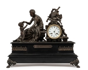 An antique French figural mantel clock, cast spelter and Belgian black slate with 8 day time and strike movement, enamel dial and Roman numerals, 19th century, ​​​​​​​47cm high, 54cm wide