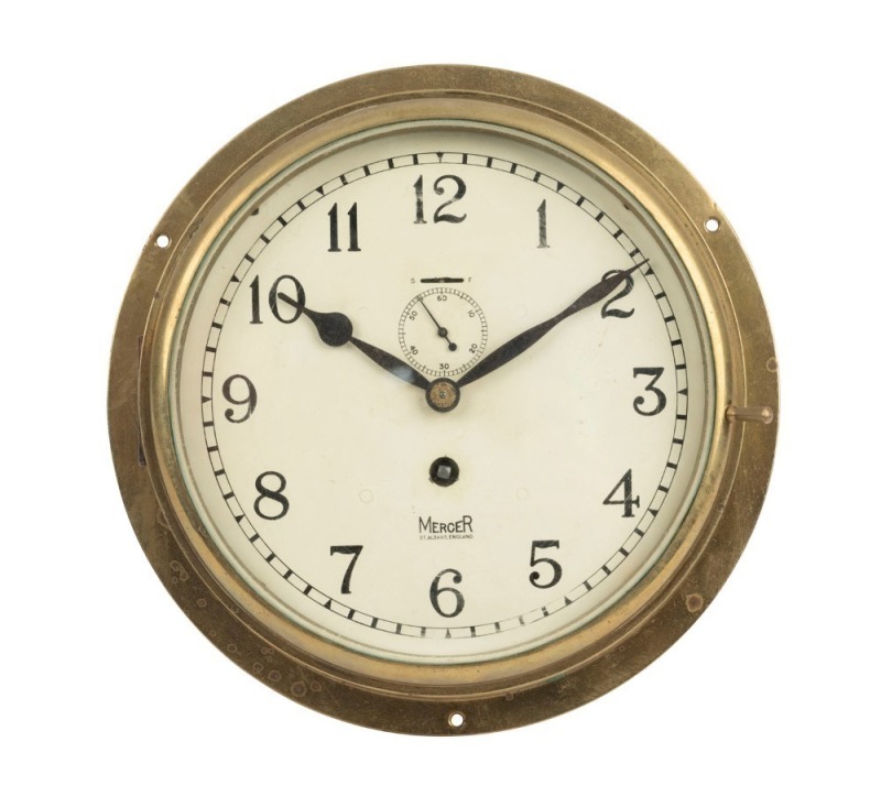 MERCER English porthole clock in wall mounted circular brass case, timepiece only with Arabic numerals and subsidiary seconds, dial marked "Mercer, St. Albans, England", early 20th century, ​​​​​​​26.5cm diameter overall