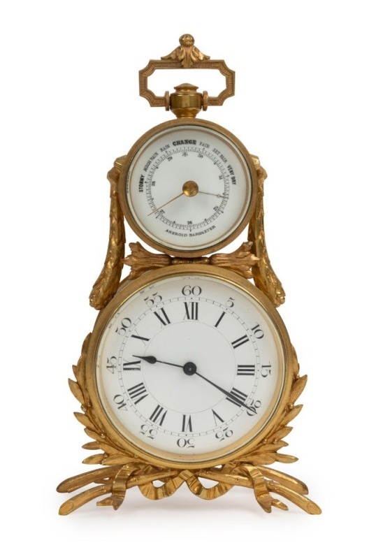 A fine antique French carriage barometer clock in ormolu case, 19th century, with accompanying valuation by Coleman Antique Clocks, Melbourne ($3,300, December 2005), 23cm high overall