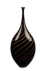 OLA & MARIE HOGLUND tall dark amethyst studio art glass vase with orange swirling canes, signed "Hoglund Glass", 42cm high