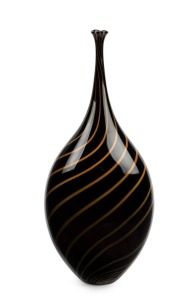 OLA & MARIE HOGLUND tall dark amethyst studio art glass vase with orange swirling canes, signed "Hoglund Glass", 42cm high