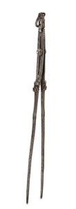Rare antique Indian silver hookah tongs, West Gujarat origin, border with Sind, 19th century, finely engraved and crafted with two crouching tigers, 34cm long, 131 grams. PROVENANCE: Private Collection, Melbourne. Acquired in October 1988 from Framroz Sorabji Khan & Co. Bombay (Jewellers and fine art dealers, established in 1910).