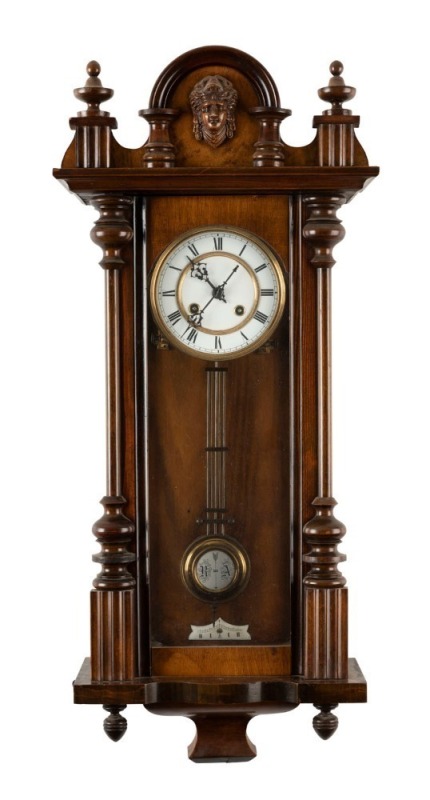 Vienna Regulator wall clock with spring driven movement in walnut case with Roman numerals and enamel dial, 19th century, 80cm high