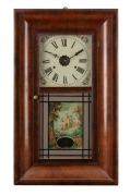 WELSH antique American twin weight wall clock in timber case with lithograph Mughal scene window, 19th century, ​​​​​​​66cm high