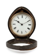 An antique French travelling timepiece clock in circular brass case with Roman numerals, in leather case, 19th century, ​​​​​​​10cm high - 2