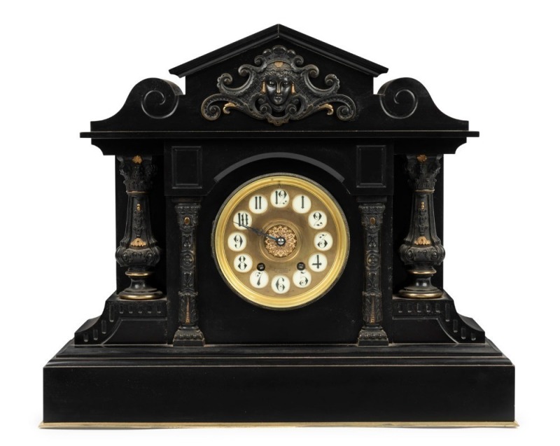 An antique French mantel clock in Belgian black slate case with time and strike movement with gilt metal dial and enamel button Arabic numerals, 19th century, ​​​​​​​46cm high