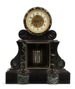 An antique French mantel clock in black slate and green marble case with time and strike movement with open escapement, mercury compensated pendulum, striking on a bell and Arabic numerals, 19th century, ​​​​​​​46cm high