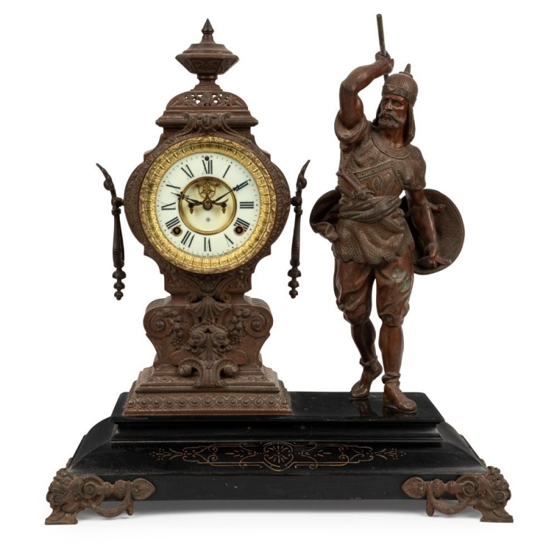 ANSONIA impressive figural mantel clock with 8 day time and strike movement, open escapement flanked by a warrior figure, 19th century, ​​​​​​​54cm high, 49cm wide