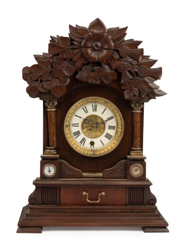 An antique weather station clock with carved timber case, English made timepiece only with compass, barometer, and spirit level, 19th century, ​​​​​​​51cm high