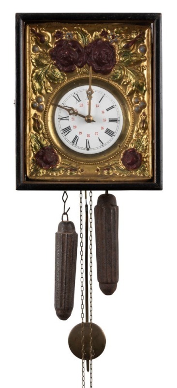 A Black Forest picture frame wall clock with time and strike movement, repousse dial surround, enamel dial displaying Roman numerals and 24 hour Arabics, 19th century, ​​​​​​​the case 24cm high