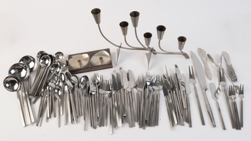 ERIK HERLOW Danish stainless steel Copenhagen cutlery set for 12 (93 pieces, missing two teaspoons), pair of Danish stainless steel candelabras, two Danish candle holders, Georg Jensen sugar tongs, Danish carving knife etc