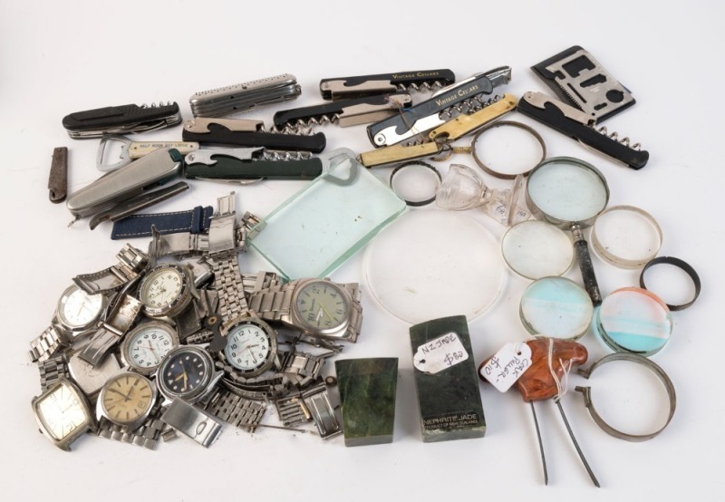 Assorted watches, waiter's knives, magnifiers etc