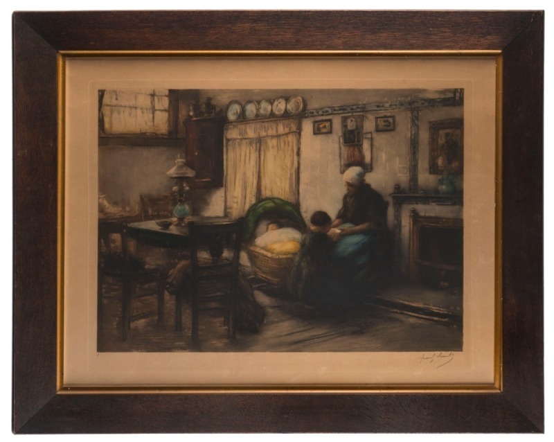 ARTIST UNKNOWN (British, early 20th century), (interior scene, mother and children), colour lithograph, signed in pencil lower left (illegible), ​​​​​​​51 x 66cm, 75 x 90cm overall