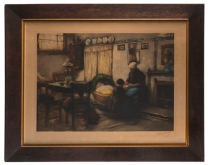 ARTIST UNKNOWN (British, early 20th century), (interior scene, mother and children), colour lithograph, signed in pencil lower left (illegible), 51 x 66cm, 75 x 90cm overall