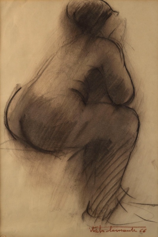 ARTIST UNKNOWN, (seated figure, sketch), charcoal on paper, signed lower right (illegible), and dated 1966, ​​​​​​​45 x 30cm, 68 x 52cm overall