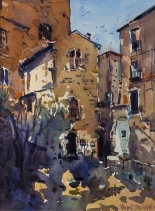 VINCENT DE FILIPPIS, (Greek village scene), watercolour, signed lower right (illegible), 36 x 27cm, 60 x 50cm overall