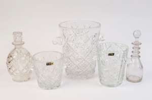 Three assorted crystal ice buckets and two decanters, 19th and 20th century, (5 items), the largest 26cm high