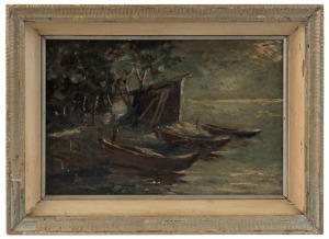 ARTIST UNKNOWN (mid 20th century), (fishing boats), oil on board, ​​​​​​​30 x 43cm, 36 x 50cm overall