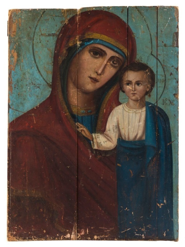 Mary and baby Jesus religious icon, hand-painted on timber panel, 18th/19th century, ​​​​​​​60 x 44cm 