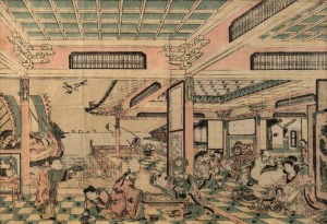 An antique Chinese woodblock print of an interior scene, 19th century, 25 x 36cm, 53 x 63cm overall