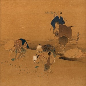 ARTIST UNKNOWN Japanese watercolour of the rice farmers, Meiji period, 19th/20th century, 23 x 23cm, 40 x 38cm overall