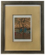 A Japanese woodblock print depicting Geishas in landscape, 23 x 17cm, 58cm x 47cm overall - 2