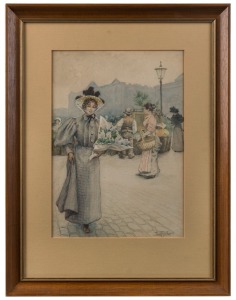 PAUL FISCHER (1860-1934), (lady with flowers, street market), watercolour, signed lower right "Paul Fischer", 35 x 24cm, 53 x 41cm overall