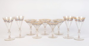 Nine assorted fine Venetian enamel glasses, circa 1920s, 16cm and 12cm high