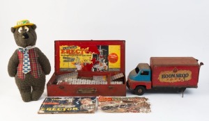VINTAGE TOY SELECTION: with BOOMAROO TOYS (Australia) pressed metal express delivery van (missing wheel), length 35cm, c.1950s: 'THE NEW ERECTOR': toy construction set (similar to Meccano) housed in AC Gilbert Co metal tin (21x42cm); incomplete, c. late 1
