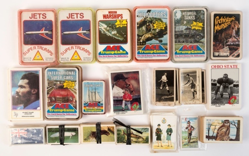 TRADING CARDS: assortment of part and large-part sets with a few sport related incl. British 1920s Soccer real-photo types and American 1980s NFL cards; also various Trump Cards incl. Ace 'Helicopters', 'Historical Tanks' and 'Warships'; others by Brooke