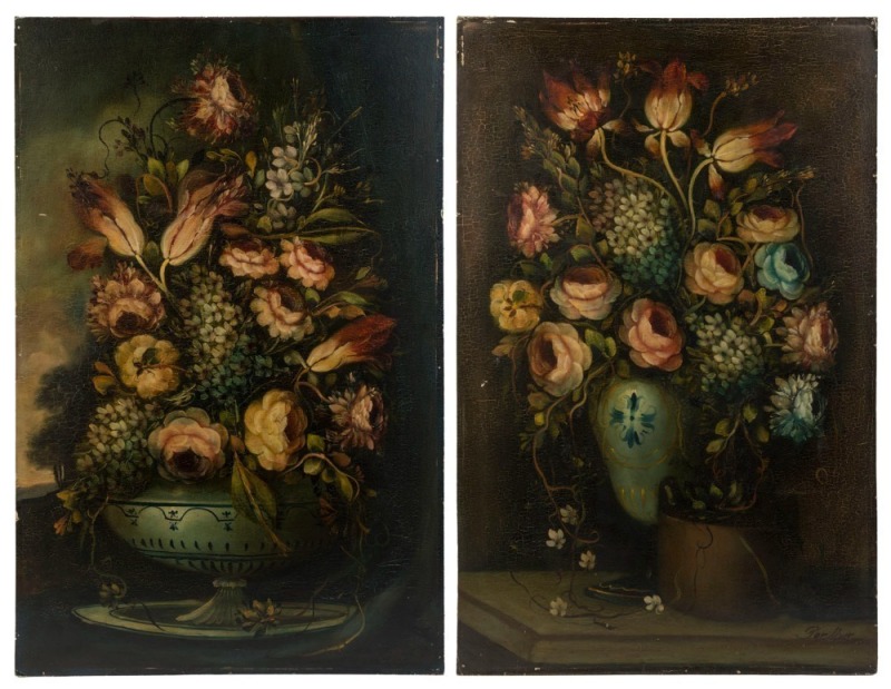 PER MOAR (Dutch school, 19th century), two floral still life paintings, oil on canvas laid down on masonite board, signed lower left "Per Moar", 104 x 68cm each