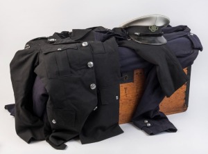 WW2 RAAF overcoat, St Johns Ambulance tunic and peaked cap, together with an antique metal bound pine trunk, (4 items), ​​​​​​​the trunk 71cm wide