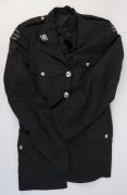 WW2 RAAF overcoat, St Johns Ambulance tunic and peaked cap, together with an antique metal bound pine trunk, (4 items), ​​​​​​​the trunk 71cm wide - 4