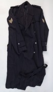 WW2 RAAF overcoat, St Johns Ambulance tunic and peaked cap, together with an antique metal bound pine trunk, (4 items), ​​​​​​​the trunk 71cm wide - 5