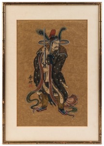 A Chinese watercolour of a warrior, 19th/20th century, 40 x 26cm, 52 x 37cm overall