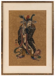 A Chinese watercolour of a warrior, 19th/20th century, ​​​​​​​40 x 26cm, 52 x 37cm overall