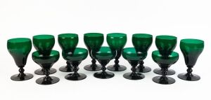 Thirteen assorted vintage green glasses, early 20th century, 11.5cm and 14.5cm high