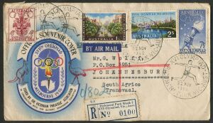 A complete set of the Australian Olympic stamps tied on an Official Souvenir Cover by multiple strikes of the RICHMOND PARK (athlete) date stamp for 22 Nov.1956 (opening day); sent by registered post to South Africa with a rare "Richmond Park Kiosk 2 / XVI Olympiad" registration label affixed.