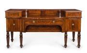 An impressive antique English mahogany bow front sideboard, beautifully crafted with handsome cuts of flame mahogany, string inlay, cross banding, six turned and reeded legs and original brass drop handles, early 19th century. One of the finest examples s - 6