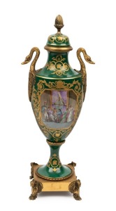 An antique French green porcelain mantel urn with ormolu mounts and hand painted scene, signed "J. MISSANT", 19th century  41.5cm high 