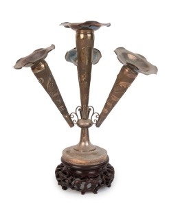 An antique Chinese silver plated epergne on carved wooden stand, 19th century, 43cm high overall