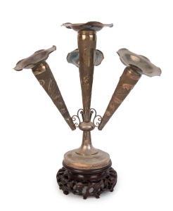 An antique Chinese silver plated epergne on carved wooden stand, 19th century, ​​​​​​​43cm high overall