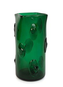 EMPOLI green Italian glass vase with square form top and applied decoration, circa 1950s, ​​​​​​​33cm high 