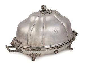 An antique English silver plated meat platter with warming base and an impressive cover with fruit finial, made by THOMAS WILKINSON, 19th century, 37cm high, 66cm across the handles