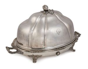 An antique English silver plated meat platter with warming base and an impressive cover with fruit finial, made by THOMAS WILKINSON, 19th century, ​​​​​​​37cm high, 66cm across the handles
