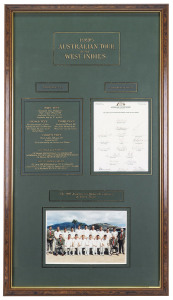 1995 AUSTRALIAN TOUR to the WEST INDIES headed display incorporating a fully signed official team sheet in combination with an official team photograph. Framed together with carefully hand-annotated details in black and gold against an acid-free mountboard in green. The write-up provides full details of the four test series, which Australia won 2-1, with Mark Taylor as Australia's captain for the first time.
