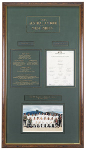 1995 AUSTRALIAN TOUR to the WEST INDIES headed display incorporating a fully signed official team sheet in combination with an official team photograph. Framed together with carefully hand-annotated details in black and gold against an acid-free mountboar