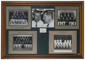 OFFICIAL TEAM PHOTOS: display comprising "Australia v England, 2nd Test, Melbourne 1958-59" (Allan Studios, Collingwood) showing Australian team, mounted on card with 30 signatures including Australians Richie Benaud (Capt.), Wally Grout, Ray Lindwall, Neil Harvey, Bob Simpson & Englishmen Peter May, Colin Cowdrey, Ted Dexter, Brian Statham, Tom Graveney & Fred Trueman; "Australian Test Cricket Cricket Team, for India & Pakistan, 1959" with 18 signatures (some faded) including Richie Benaud (Cap