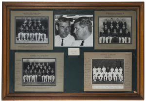 OFFICIAL TEAM PHOTOS: display comprising "Australia v England, 2nd Test, Melbourne 1958-59" (Allan Studios, Collingwood) showing Australian team, mounted on card with 30 signatures including Australians Richie Benaud (Capt.), Wally Grout, Ray Lindwall, Ne